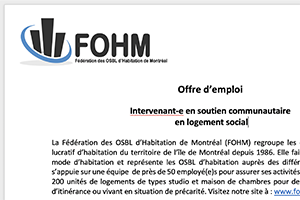 Offre d’emploi à Montréal : Intervenant-e en soutien communautaire en logement social