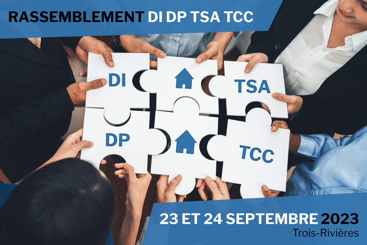 Affiche du rassemblement. Des personnes assemblent un puzzle dont les pièces portent l'inscription DI DP TSA TCC et des icônes d'habitation.