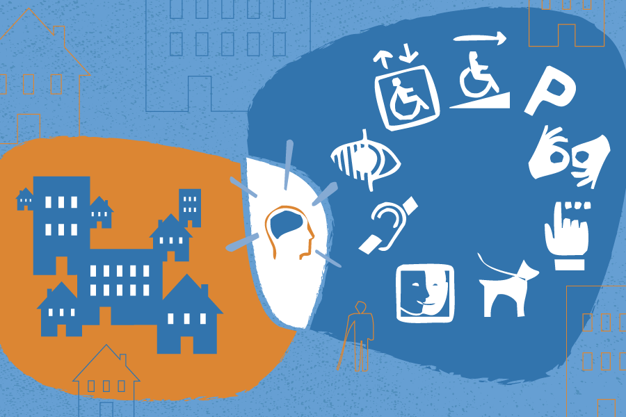 Icônes représentant différentes formes de handicap et immeubles résidentiels