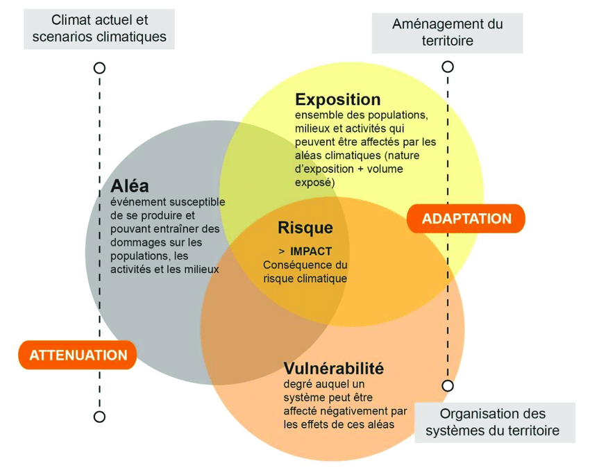 Schéma présentant l'atténuation-adaptation et les 3 enjeux associés avec des sphères d'influence