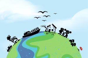 Illustration de la surface de le terre avec des gens en déplacement entourés d'un bateau, d'une maison brisée et de tentes